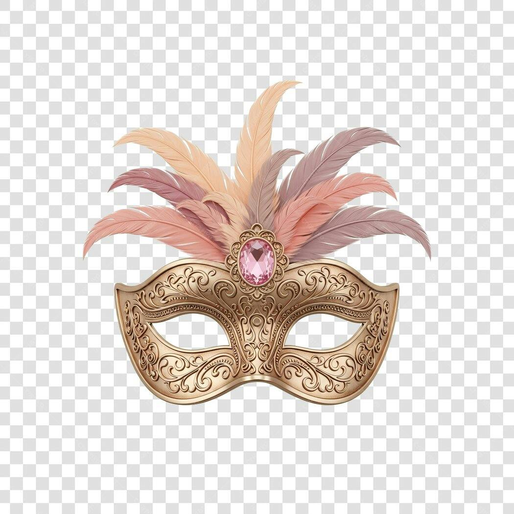 Máscara de Carnaval Dourada com Penas Rosas e Gema PNG com fundo transparente