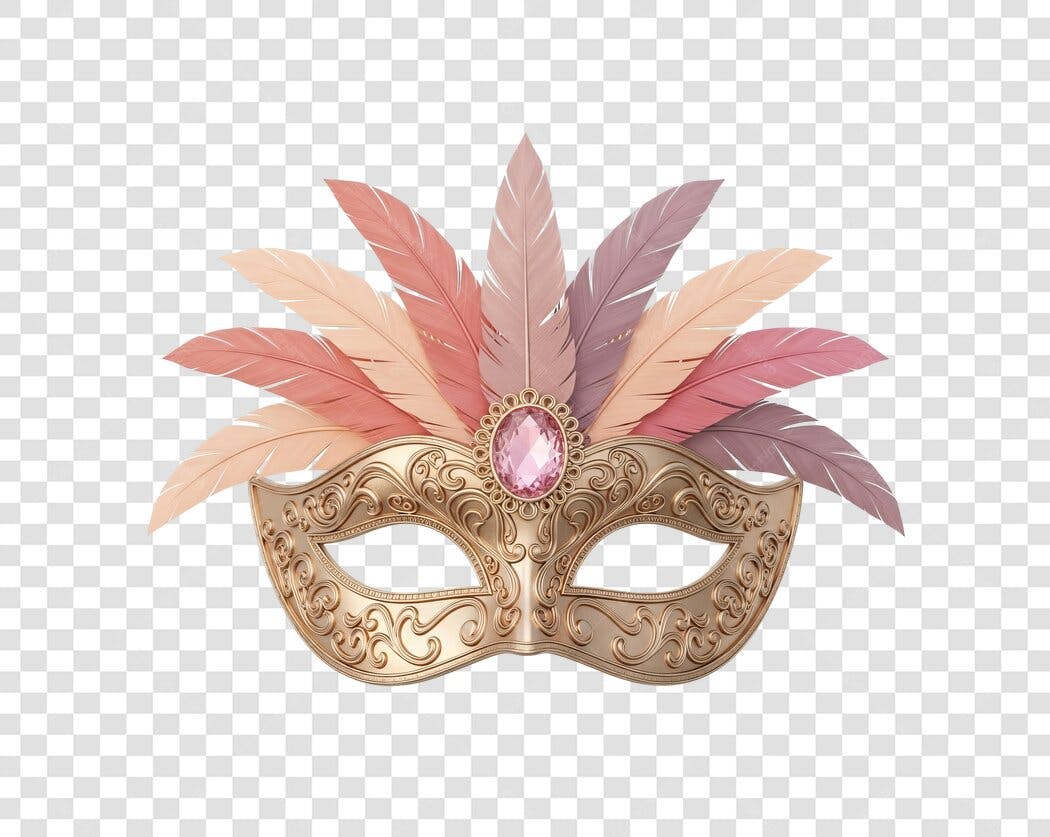 Máscara de Carnaval Dourada com Penas Rosas e Joia PNG com fundo transparente