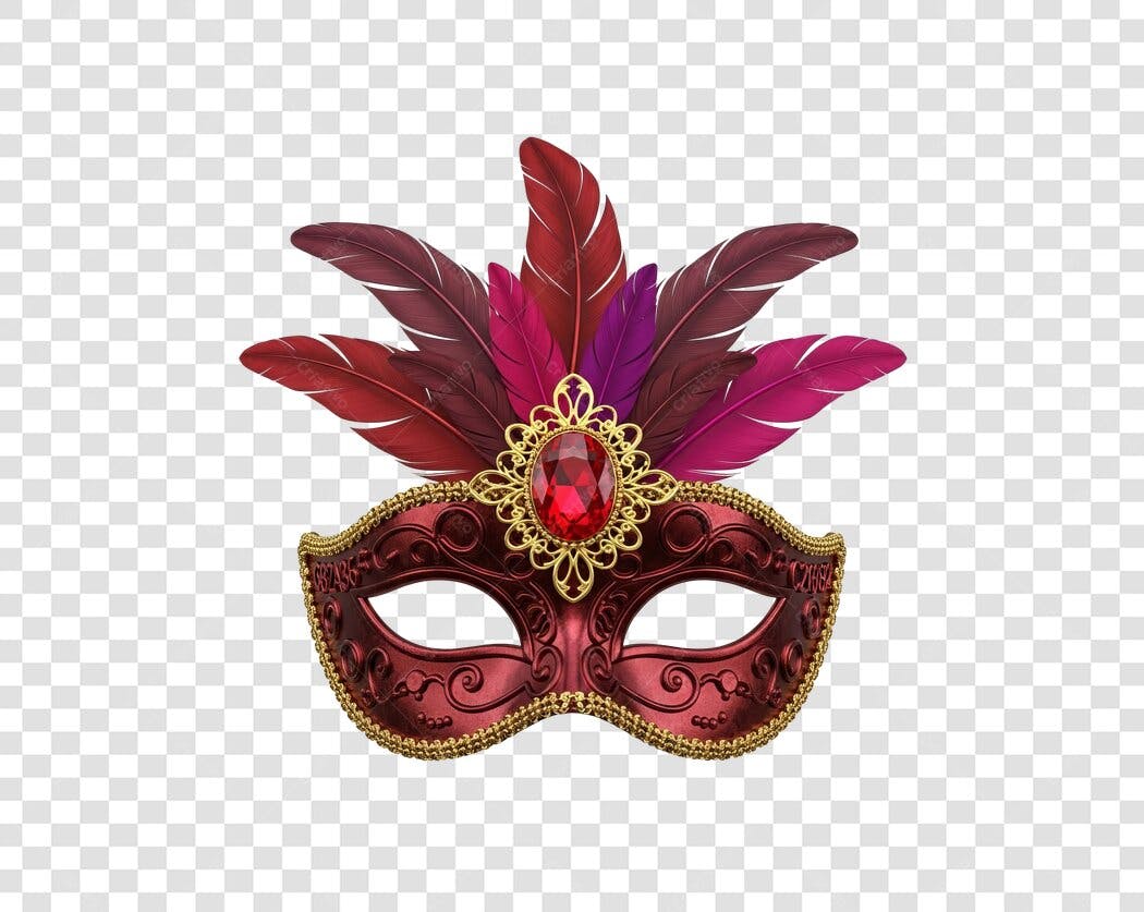 Máscara de Carnaval Veneza Vermelha e Dourada com Penas PNG fundo transparente
