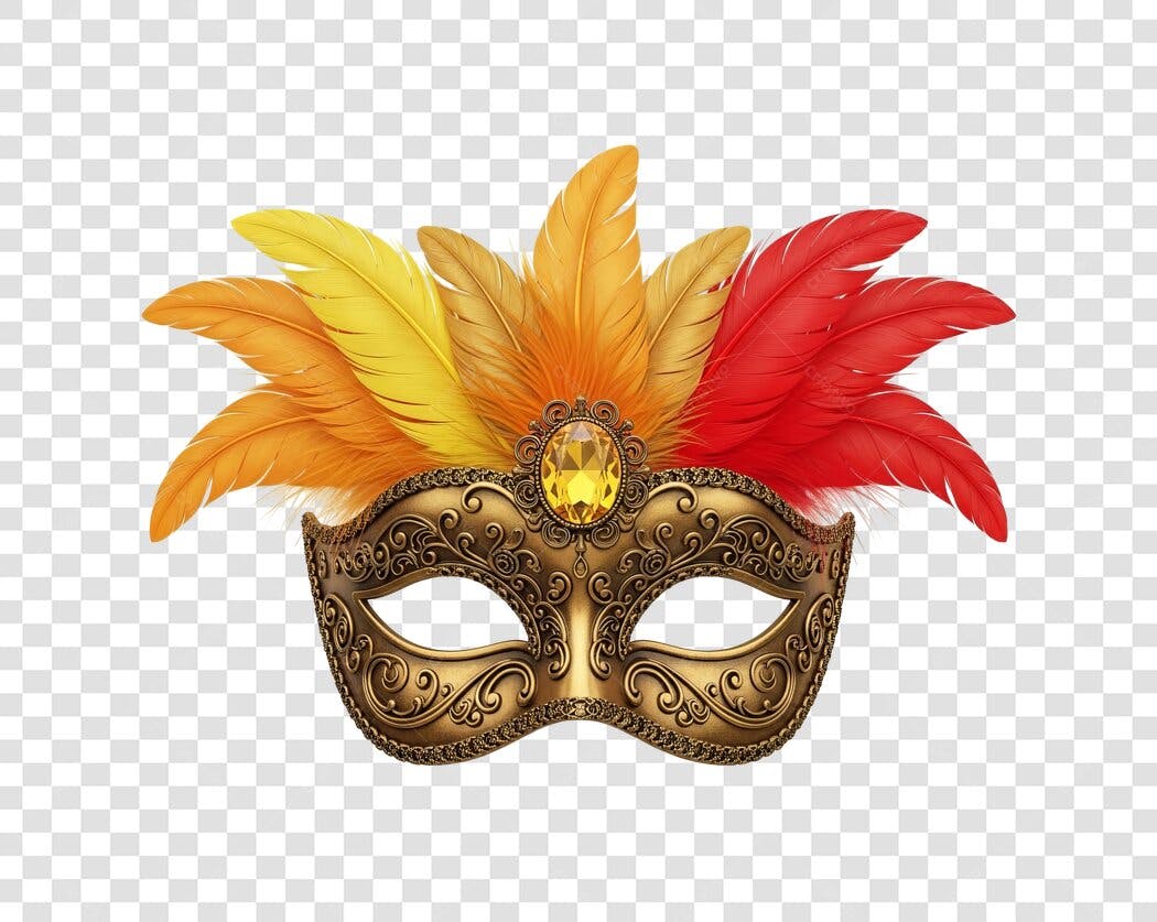 Máscara Dourada de Carnaval com Penas Amarelas Laranjas Vermelhas PNG com fundo transparente