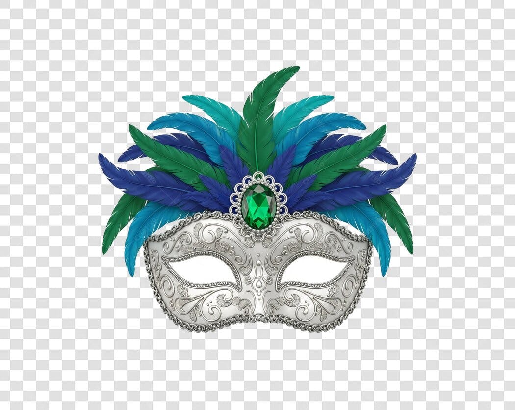 Máscara de Carnaval Prateada Azul Verde Esmeralda PNG com fundo transparente