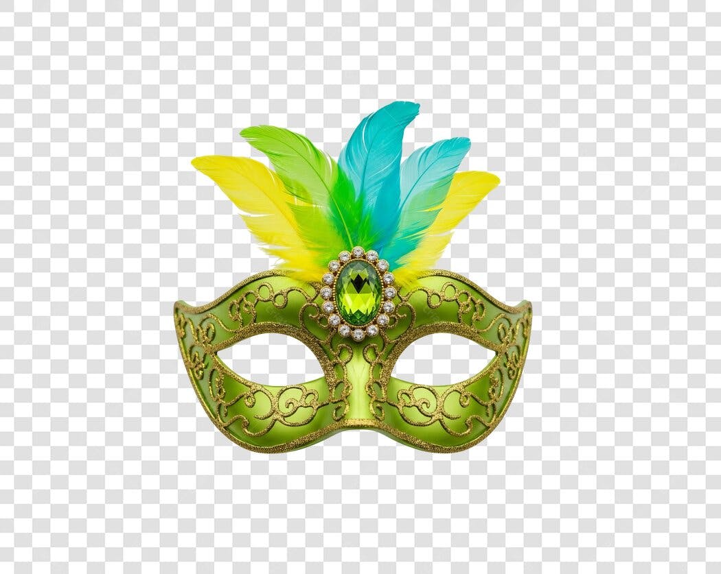 Máscara de Carnaval luxuosa com penas azul amarelo verde dourado PNG com fundo transparente