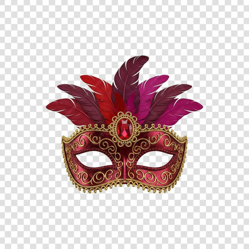 Máscara de Carnaval com Penas Vermelhas Dourado e Joia PNG com fundo transparente