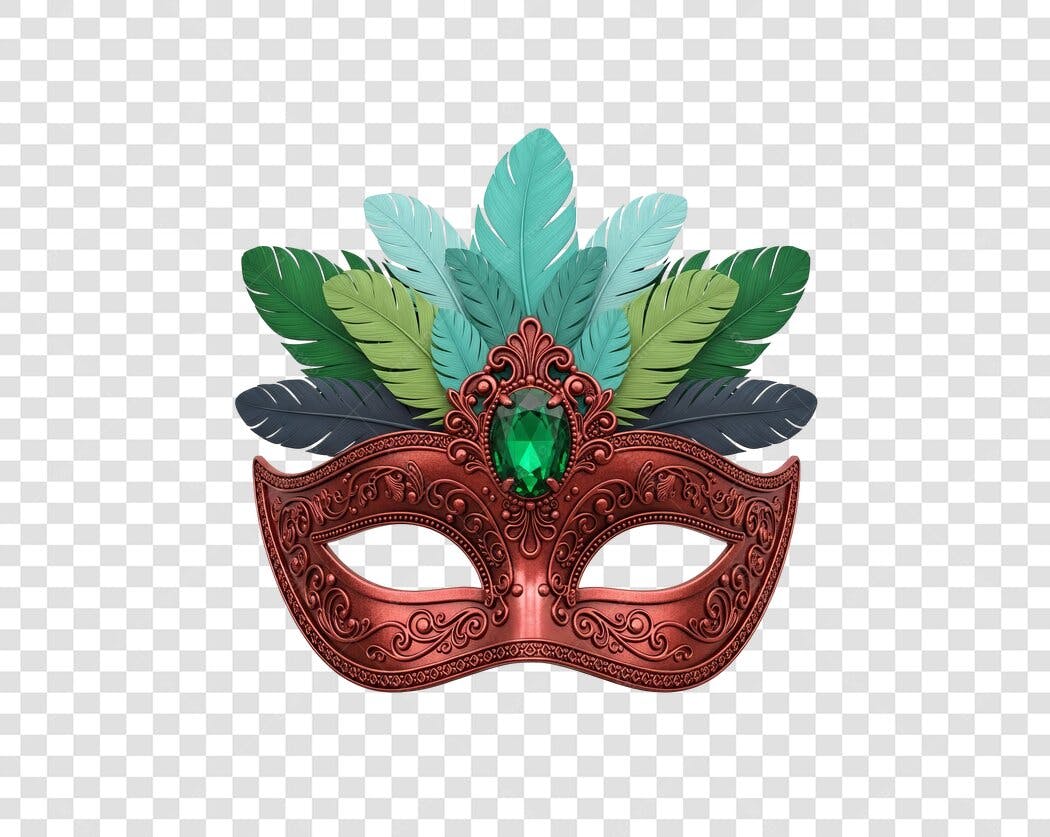 Máscara de Carnaval Vermelha com Penas Verdes e Azuis PNG com fundo transparente