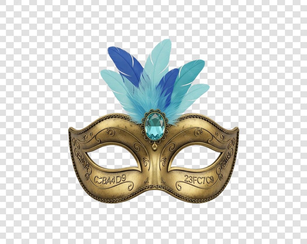 Máscara de Carnaval Veneziana Dourada com Penas Azuis PNG com fundo transparente