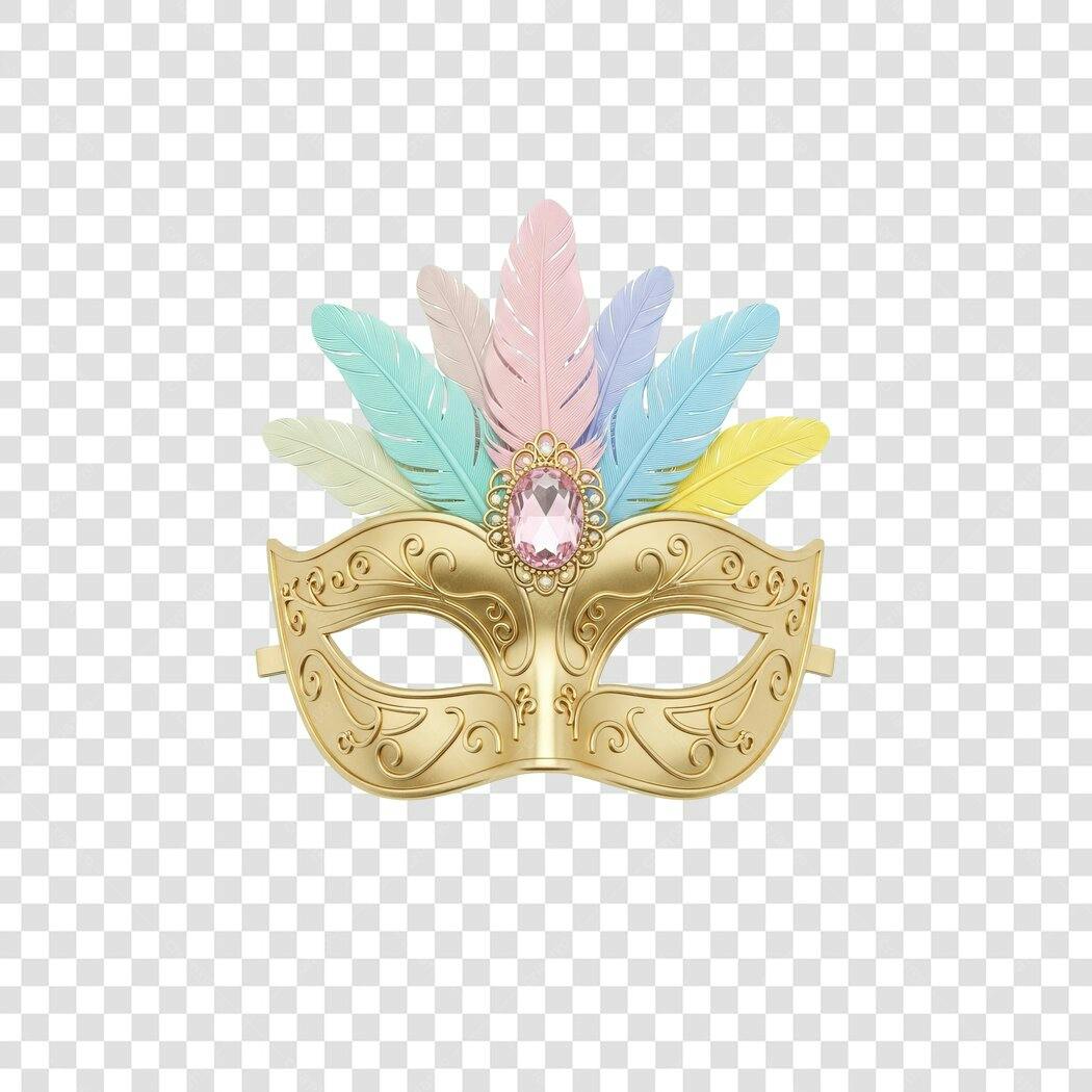Máscara de Carnaval dourada com penas pastel e joia rosa PNG com fundo transparente