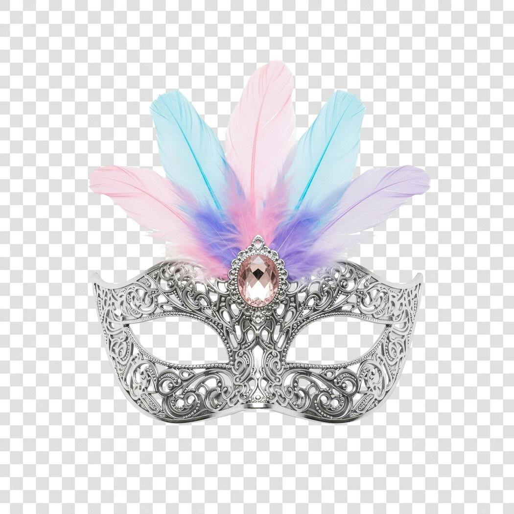 Máscara de Carnaval Prateada com Penas Coloridas e Joia Rosa PNG com fundo transparente