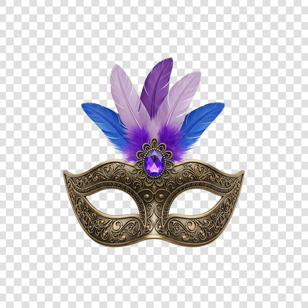Máscara Veneziana Dourada Carnaval Penas Roxas Azuis Joia PNG com fundo transparente