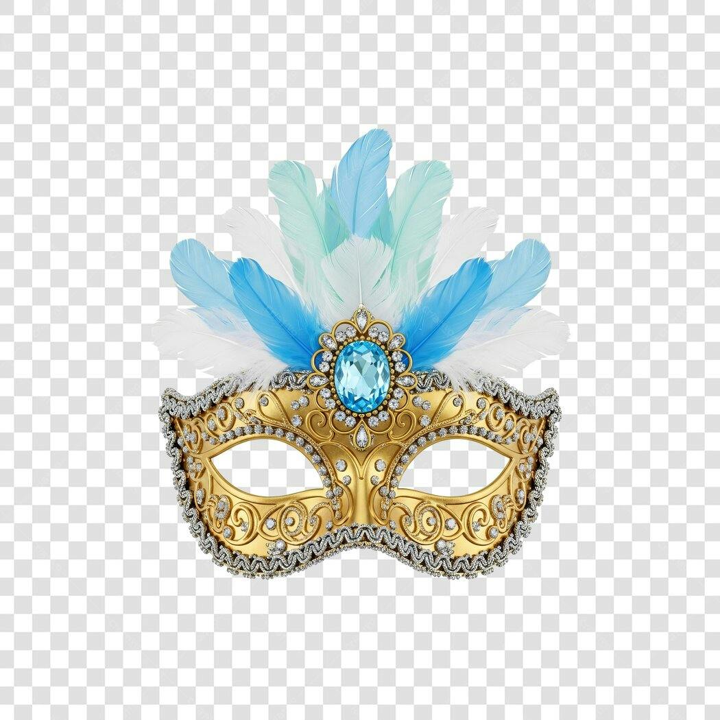 Máscara de Carnaval Dourada Penas Azuis Elegante PNG com fundo transparente