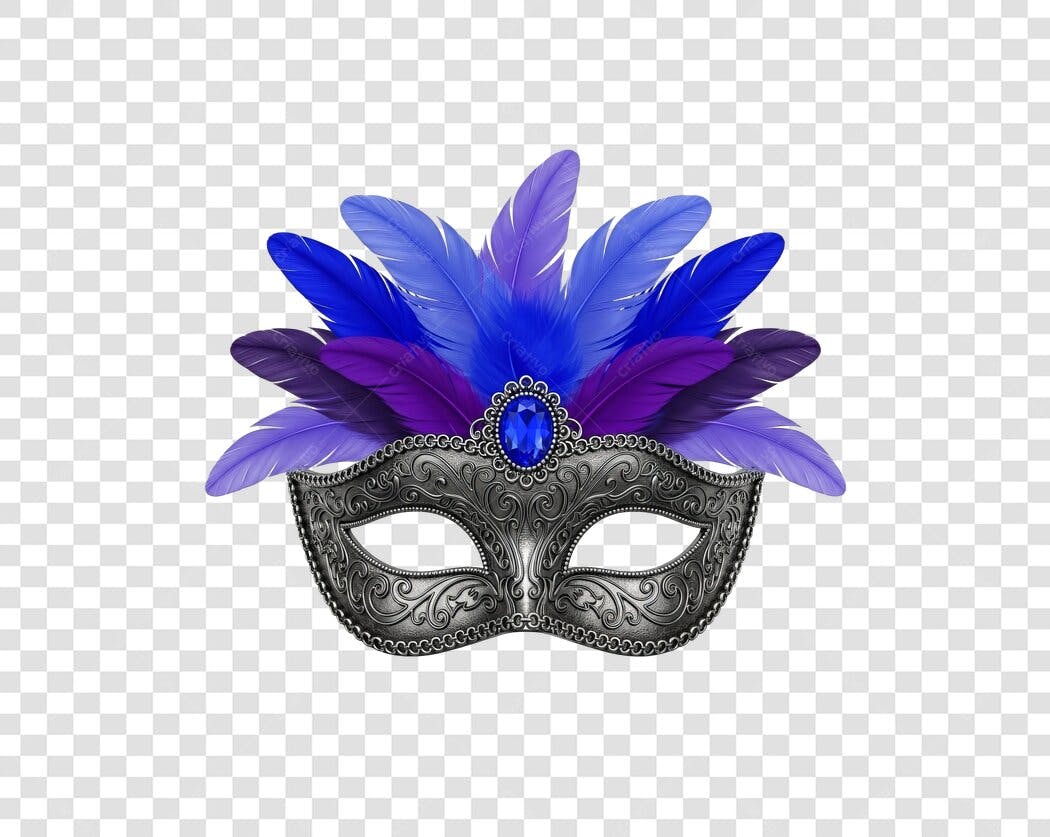 Máscara de Carnaval Prata com Penas Azuis e Roxas PNG com fundo transparente
