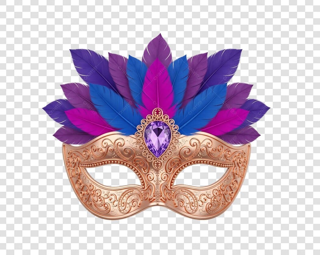 Máscara de Carnaval Dourada Penas Roxas Azuis Rosa PNG com fundo transparente