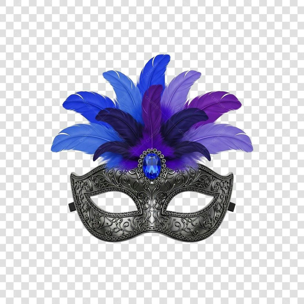 Máscara de Carnaval com Penas Azuis e Roxas Gema Prata PNG Fundo Transparente