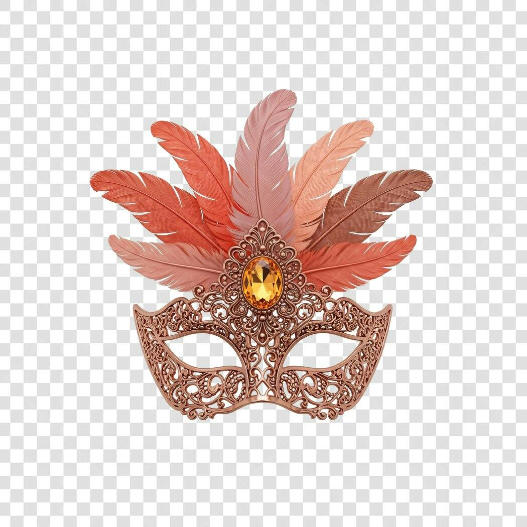 Máscara de Carnaval Baile Fantasia Rosa Gold Plumas Âmbar PNG com fundo transparente