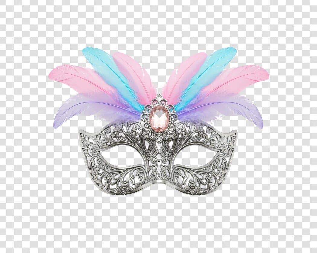 Máscara de Carnaval Prata com Penas Rosa Azul Roxa e Gema PNG com fundo transparente