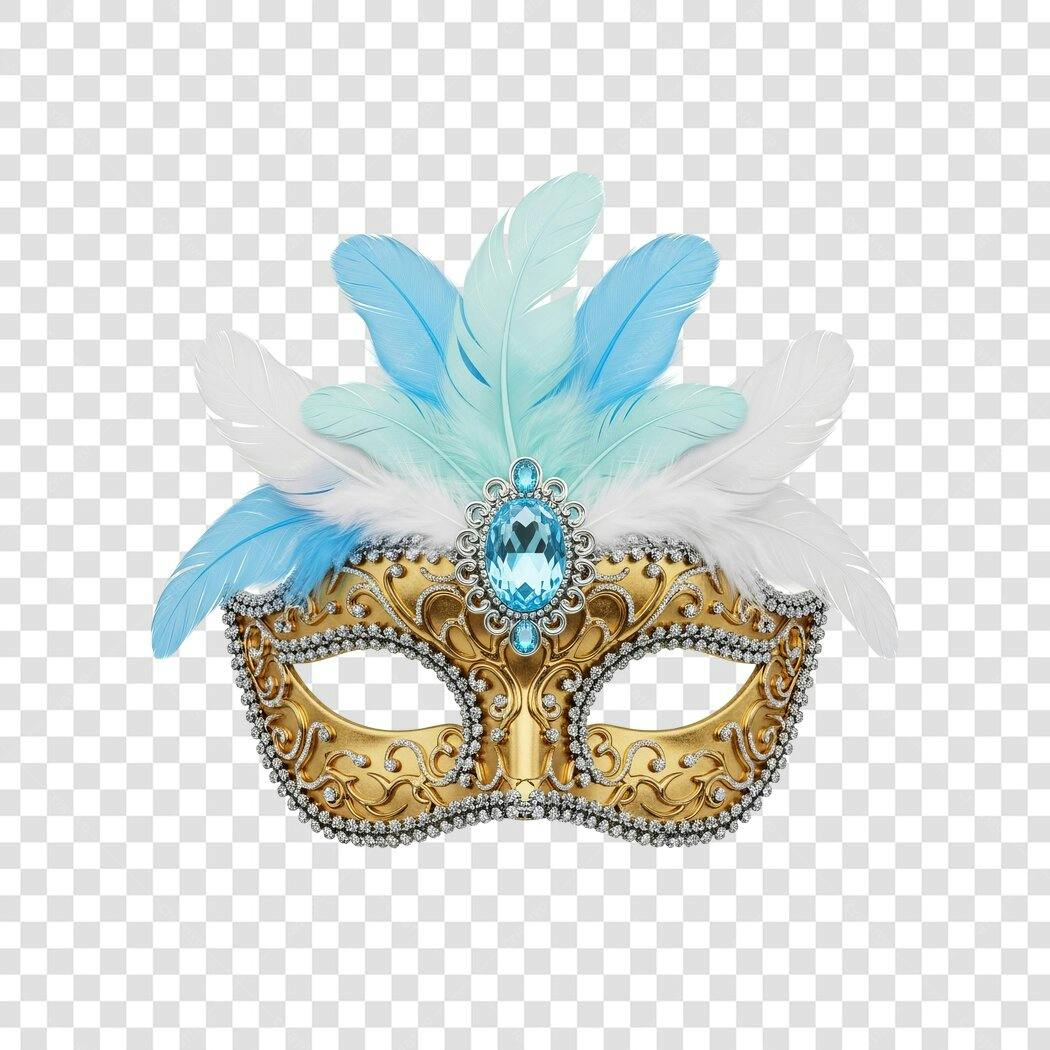 Máscara de Carnaval Dourada com Penas Azuis Brancas e Joia PNG com fundo transparente