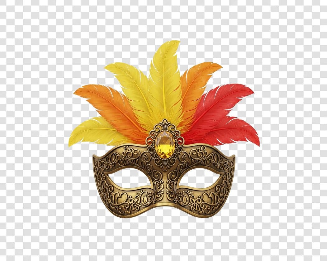 Máscara de Carnaval dourada com penas coloridas PNG com fundo transparente