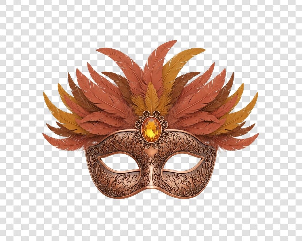 Máscara de Carnaval festiva com penas e joia PNG com fundo transparente