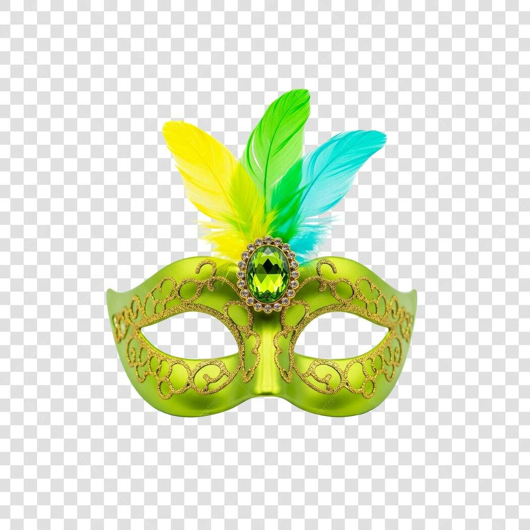 Máscara de Carnaval verde com penas e joia PNG com fundo transparente