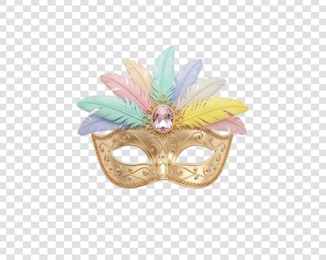 Máscara de Carnaval Dourada com Penas Coloridas PNG com fundo transparente