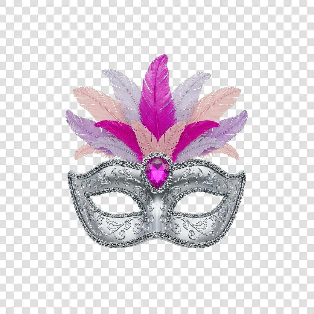 Máscara de Carnaval decorada com joia e penas coloridas PNG com fundo transparente