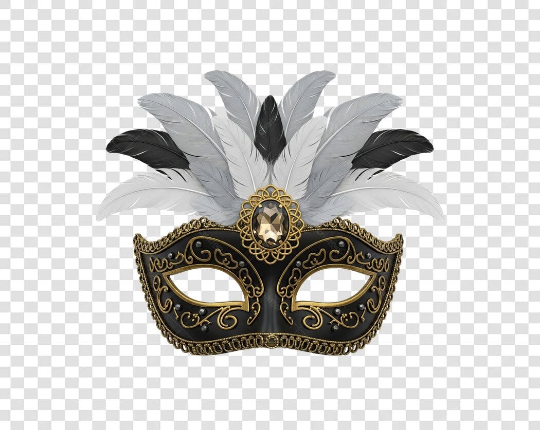 Elemento Gráfico Máscara Veneza luxuosa penas brancas e pretas PNG com fundo transparente
