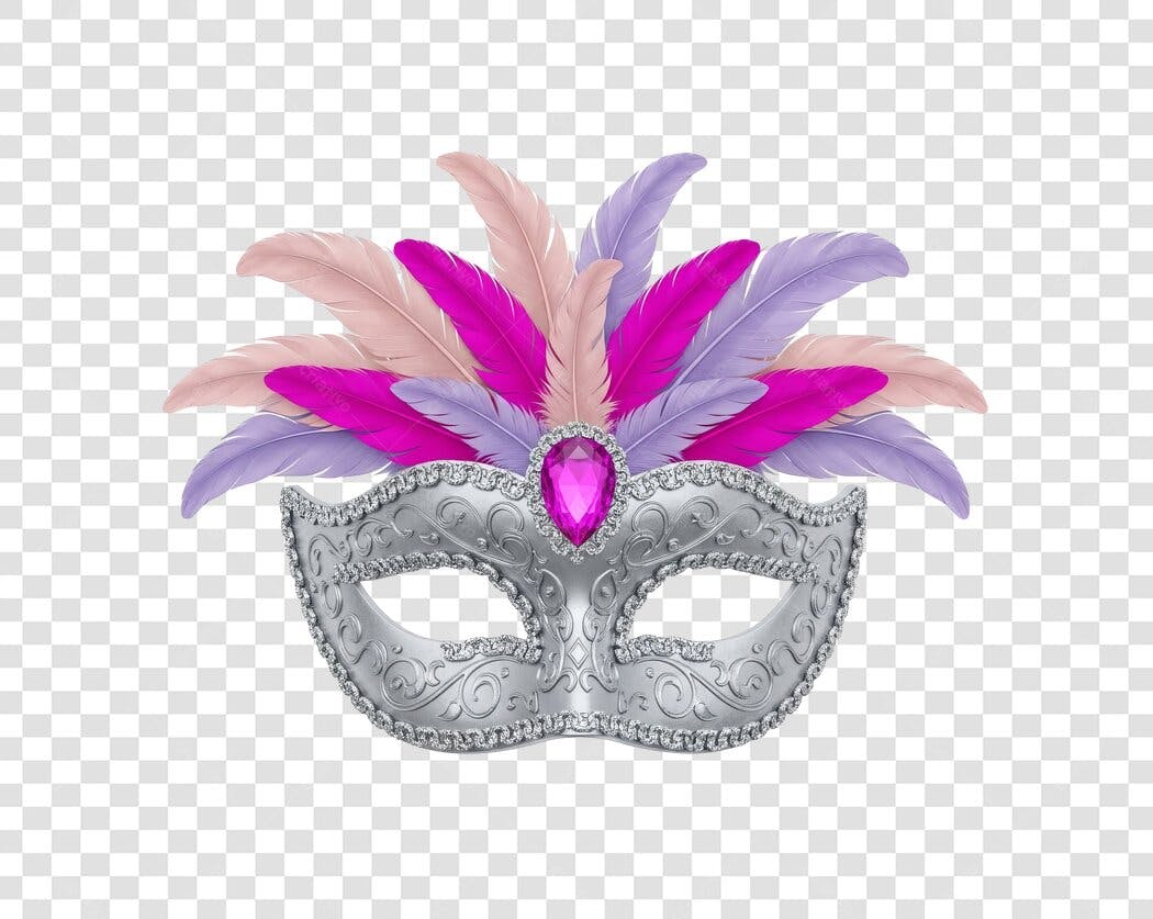 Máscara de Carnaval Prata Festiva Penas Roxas Rosas Magenta PNG com fundo transparente