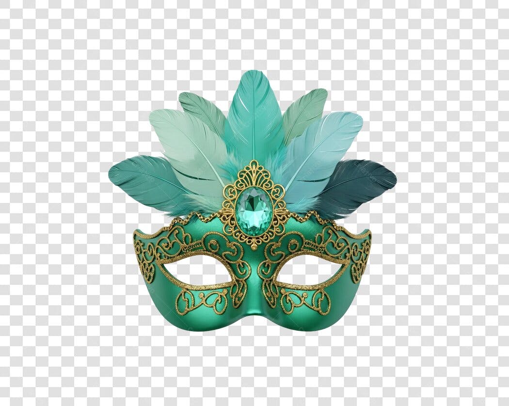 Máscara de Carnaval Verde Esmeralda Dourada com Penas Azuis Festivas PNG com fundo transparente