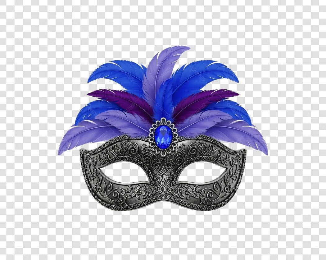 Máscara de Carnaval Penas Azuis Roxas Joia Prata PNG com fundo transparente