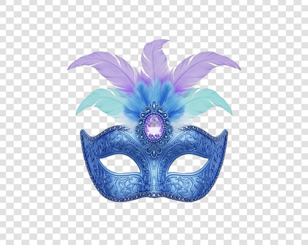 Elemento gráfico Máscara de Carnaval azul com penas roxas e turquesas PNG com fundo transparente
