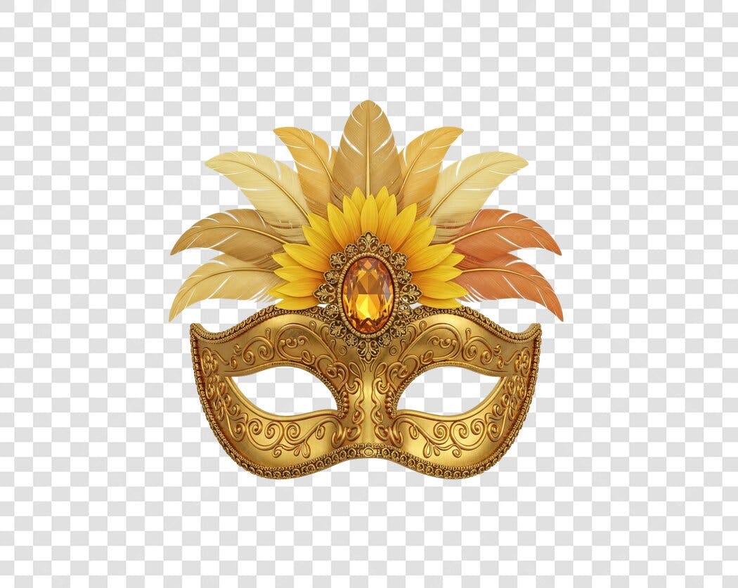 Máscara de Carnaval Dourada com Penas e Joia Amarela PNG com fundo transparente