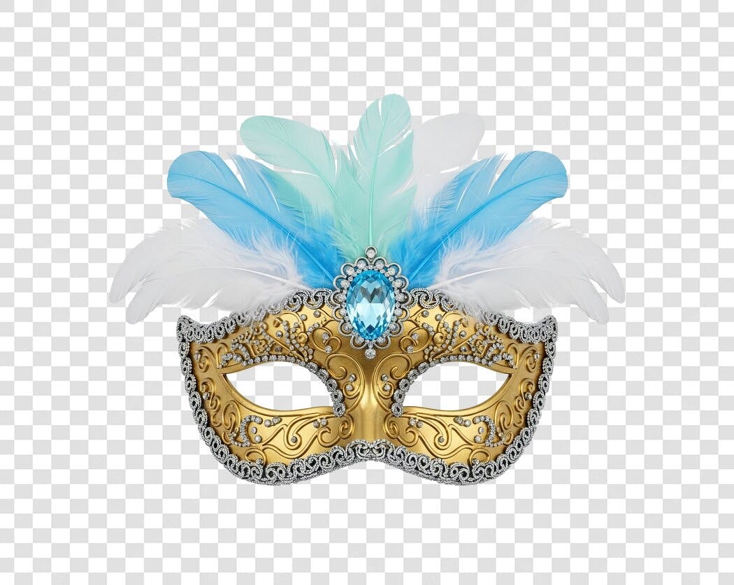 Máscara de Carnaval Dourada com Penas Azuis e Brancas PNG com fundo transparente