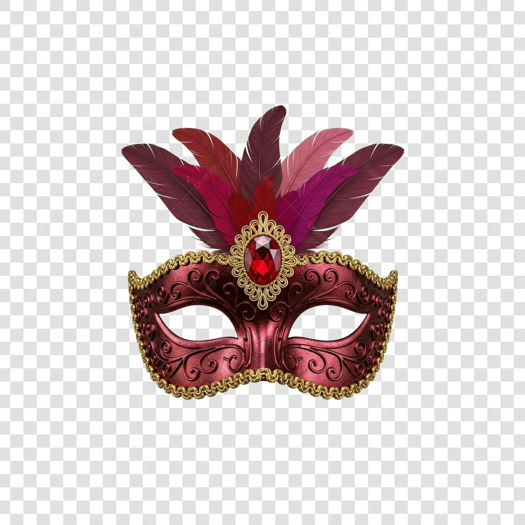 Máscara de Carnaval Veneziana Vermelha Penas Roxas Dourado PNG com fundo transparente