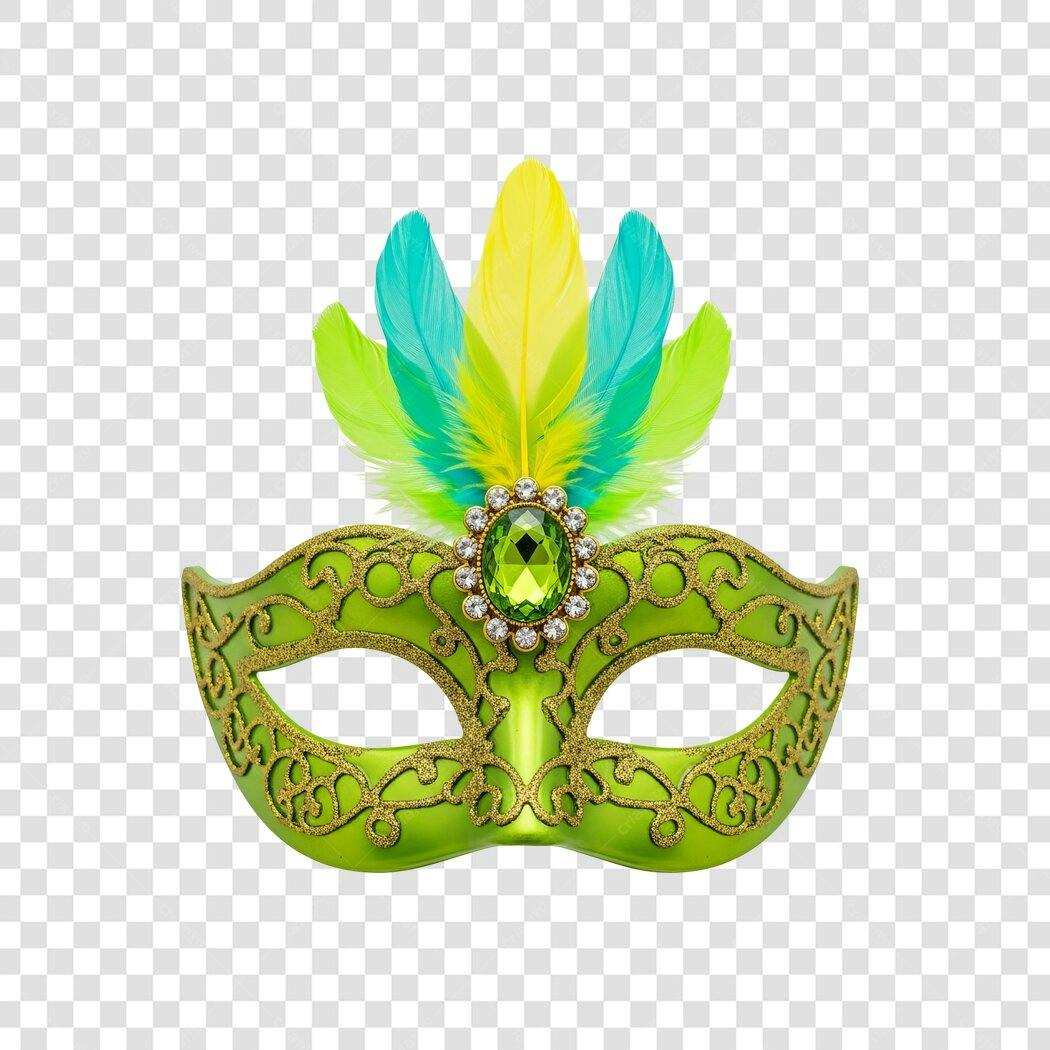 Máscara para Carnaval Verde e Dourada com Penas e Joia PNG com fundo transparente