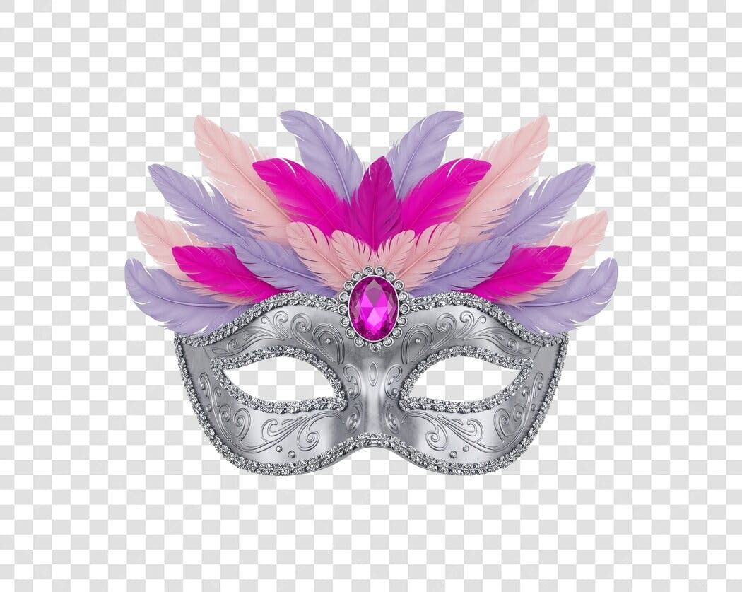 Máscara de Carnaval Prata Plumas Roxas e Rosas PNG com fundo transparente