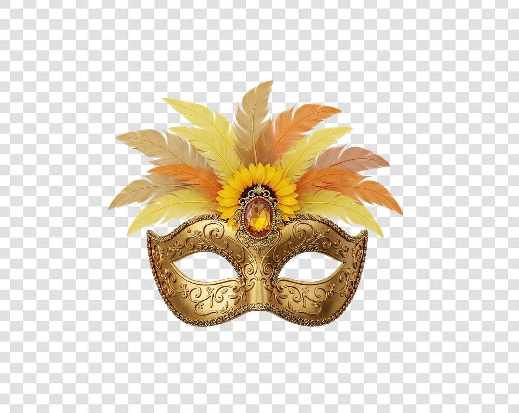 Máscara Festiva Dourada Carnaval Penas Coloridas PNG com fundo transparente