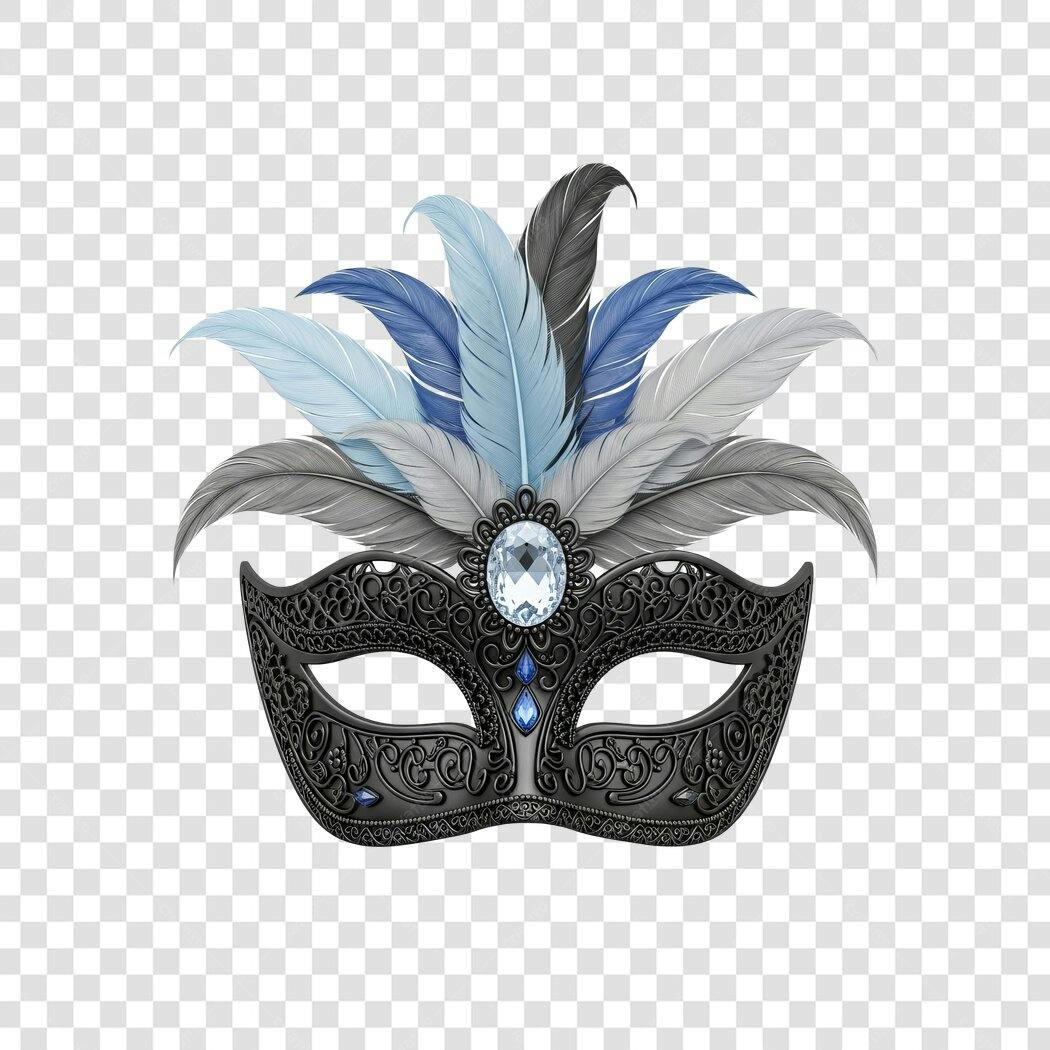 Máscara de Carnaval Elegante com Penas Azuis e Prata PNG com fundo transparente