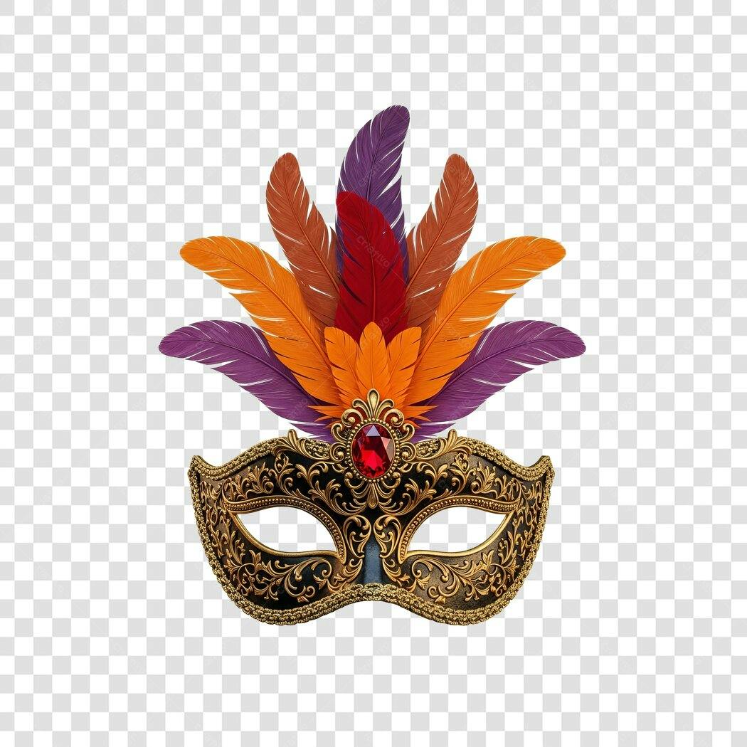 Máscara de Carnaval Veneza luxuosa com penas coloridas PNG com fundo transparente