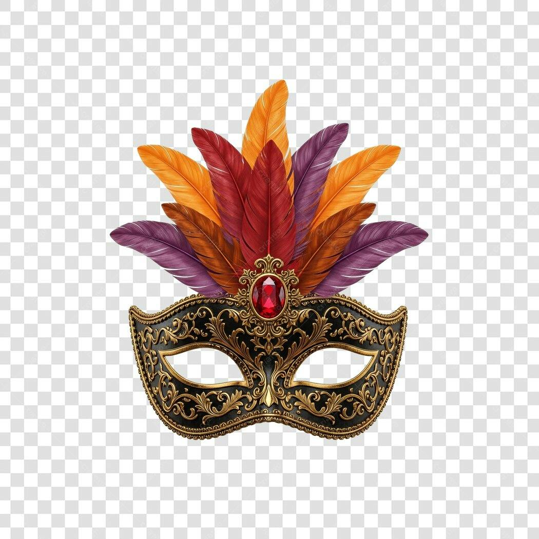 Máscara de Carnaval Veneziana Penas Coloridas Joia Vermelha PNG com fundo transparente