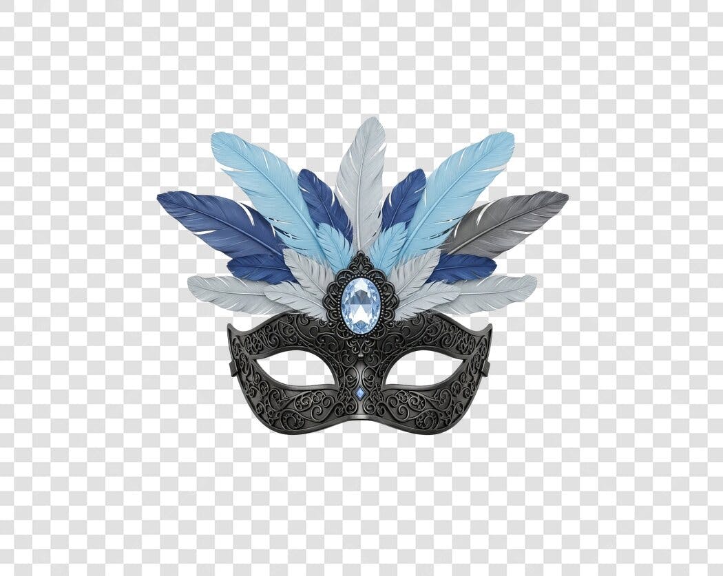 Máscara Veneziana Carnaval Festivo Preta Penas Azuis PNG com fundo transparente