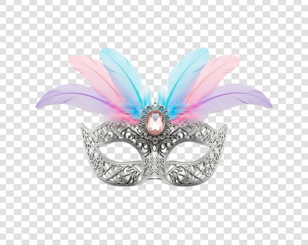 Máscara de Carnaval Veneziana Prata Penas Coloridas Joia Rosa PNG com fundo transparente