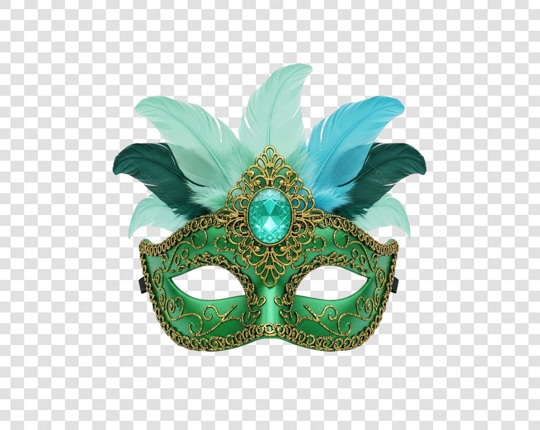 Máscara de Carnaval Verde Esmeralda Dourado Penas Azuis PNG com fundo transparente