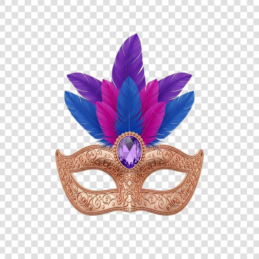 Máscara de Carnaval decorada com penas roxas azuis rosa PNG com fundo transparente
