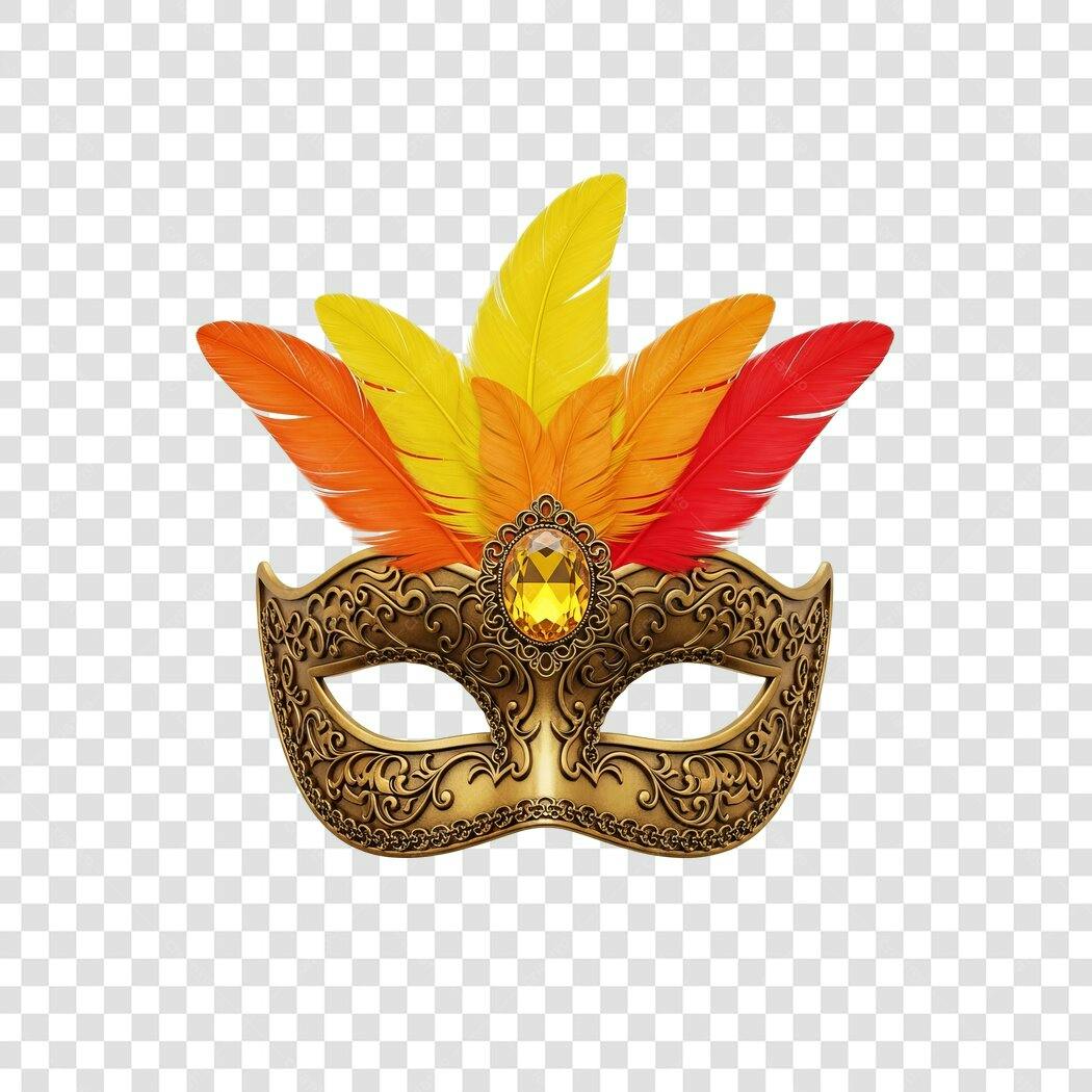 Elemento gráfico Máscara de Carnaval dourada penas vibrantes PNG com fundo transparente