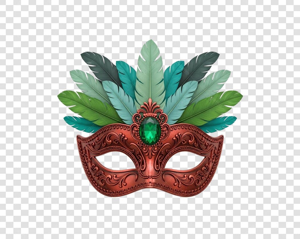 Máscara de Carnaval Luxuosa Marrom Penas Verdes Esmeralda PNG com fundo transparente