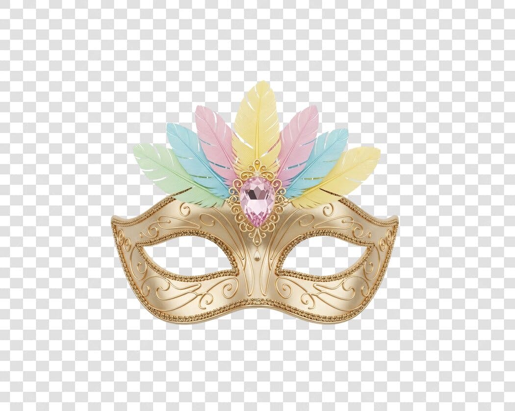 Máscara de Carnaval dourada com penas coloridas e joia rosa PNG com fundo transparente