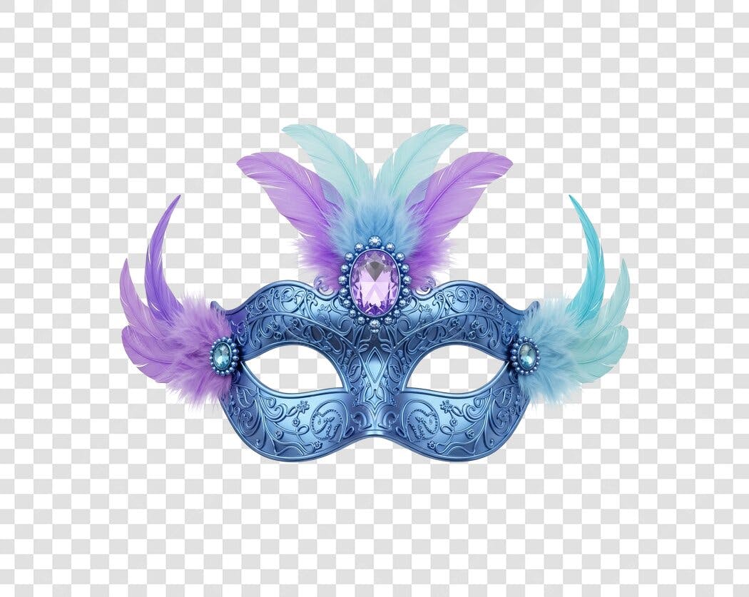 Máscara de Carnaval azul e roxa com penas e joia PNG com fundo transparente