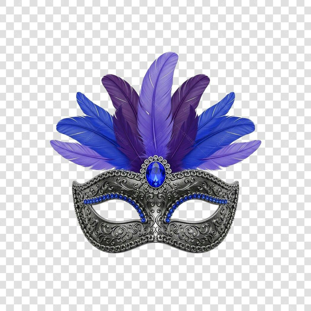 Máscara de Carnaval penas azuis roxas joias prata PNG com fundo transparente