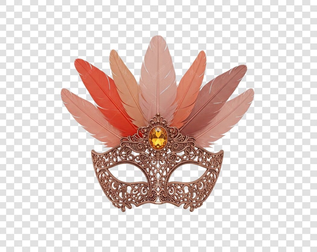 Máscara de Carnaval veneziana com penas cobre pêssego PNG com fundo transparente
