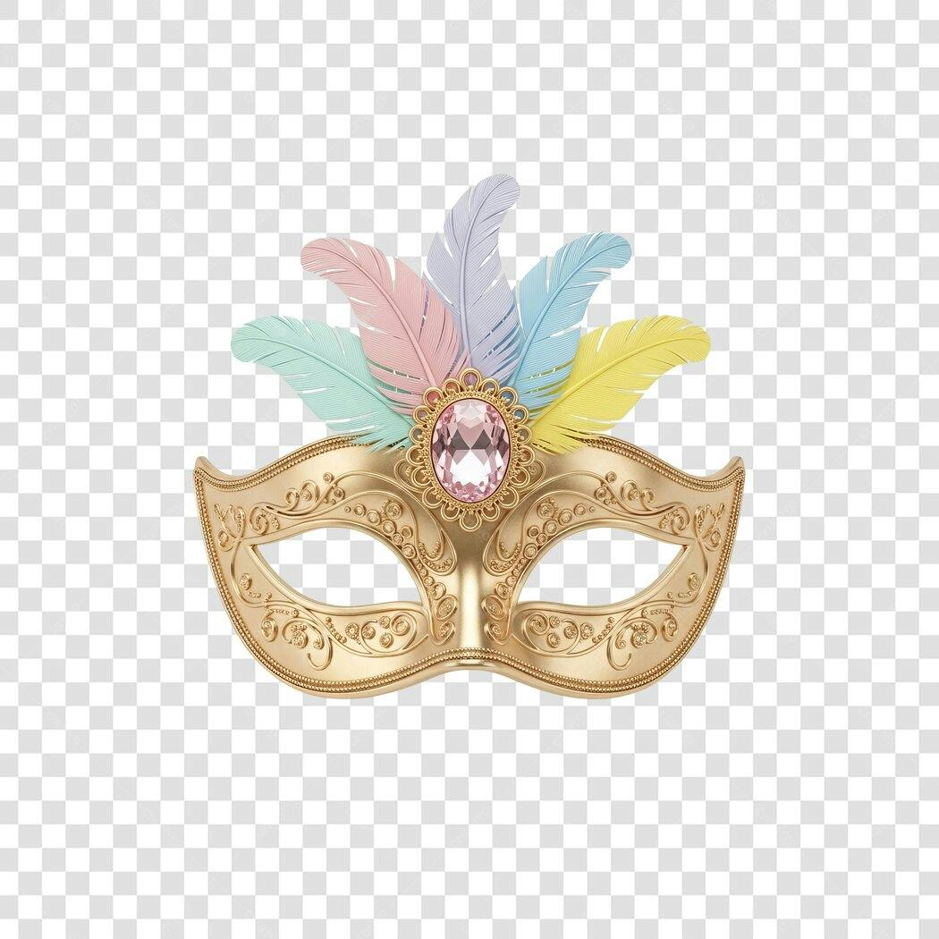 Máscara de Carnaval dourada com plumas coloridas e joia rosa PNG com fundo transparente