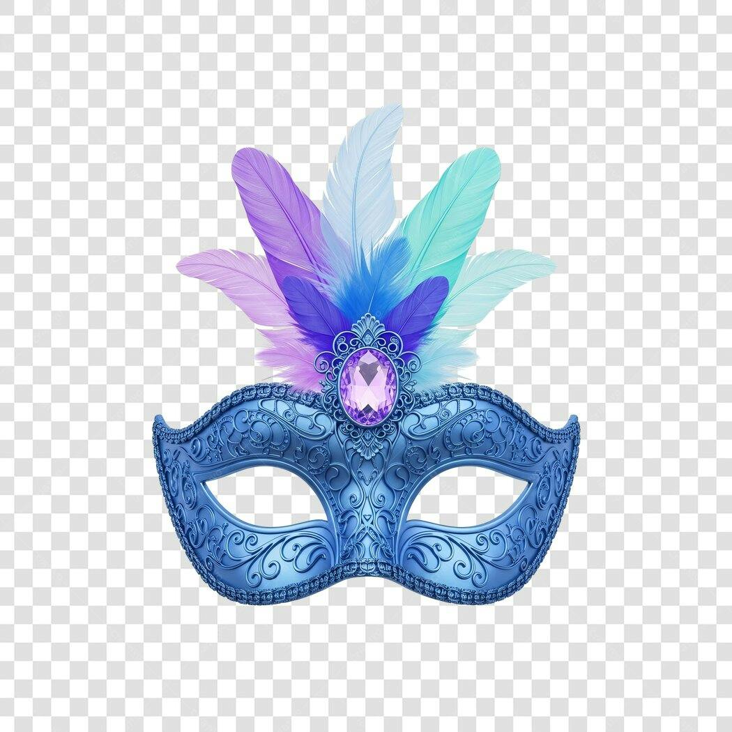 Máscara de Festa Veneziana Azul com Penas Coloridas e Joia PNG com fundo transparente